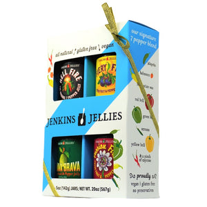 
                  
                    Load image into Gallery viewer, Jenkins Jellies Gift Box Set - 4 Pepper Jellies (5 oz) with Gold Ribbon
                  
                