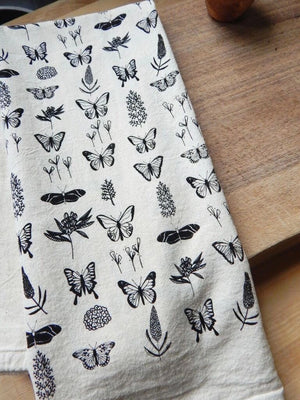 
                  
                    Load image into Gallery viewer, Butterfly Kitchen Tea Towel | Handcrafted by The High Fiber (Blue or Black)
                  
                